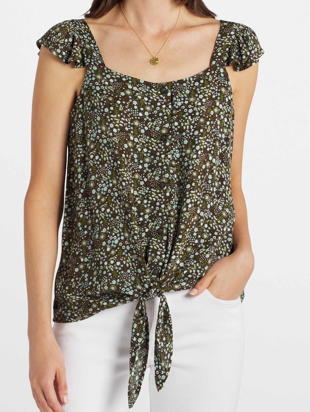 Bobeau Brown Floral Button Front Top with Front Tie, NWT, Size S